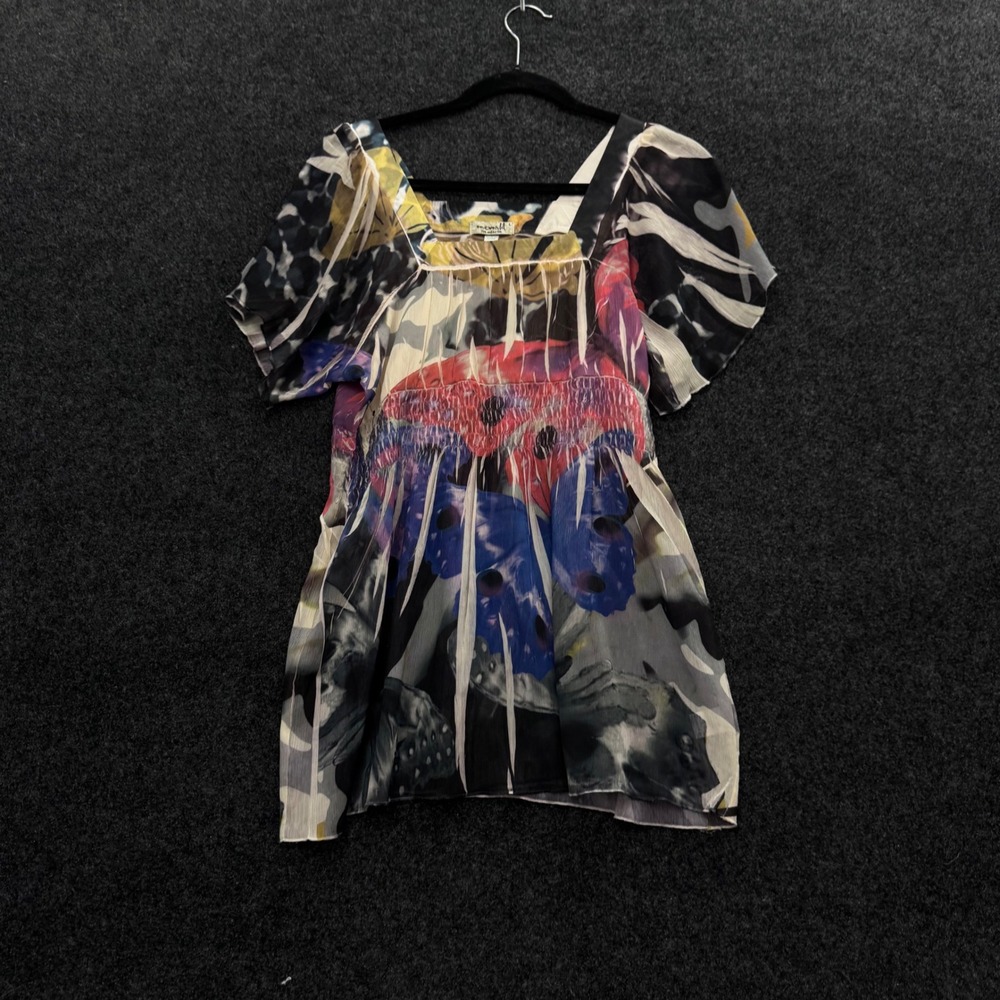 Oneworld Live and Let Live Floral Smocked Empire Waist Top Y2K Square Neck Large